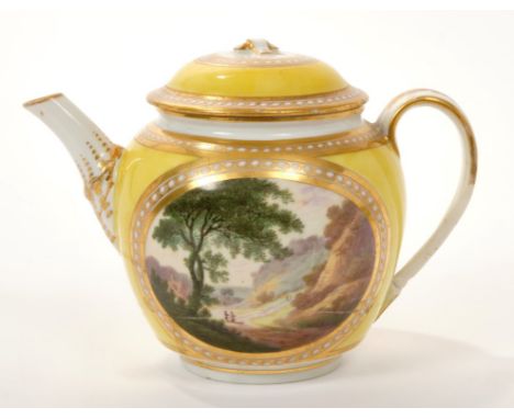 18th century Derby yellow ground teapot and cover with painted landscape reserves, entitled on base ‘View of Inglesby &amp; F