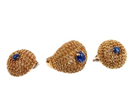 18ct gold and sapphire cocktail ring and earrings of bombe form with a basketweave design Total gross weight approximately 16