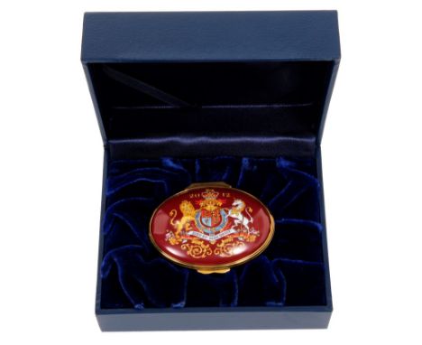 HM Queen Elizabeth II – The Diamond Jubilee Christmas 2002 presentation Halcyon Days enamel box of oval form, with Royal Coat