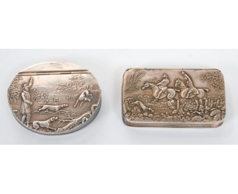 Two contemporary Georgian style silver snuff boxes with embossed hunting scenes. (Sheffield 1964/65). James Dixon &amp; Son. 