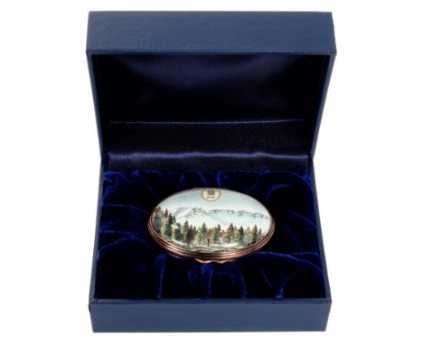 HRH Prince Charles Prince of Wales – presentation Halcyon Days enamel box of oval form, decorated with Prince of Wales crest 