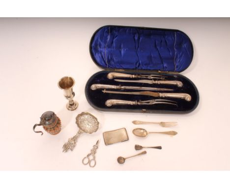 Selection of miscellaneous Victorian and later silver, including a Doulton silver mounted mustard pot, christening spoon and 