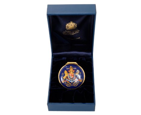 HM Queen Elizabeth II - The Golden Jubilee Christmas 2002 presentation Halcyon Days enamel box of circular form, with Royal C