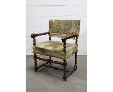 Charles II-style carved beech open armchair with 17th century tapestry panel back and barley-twist arms with lion mask termin