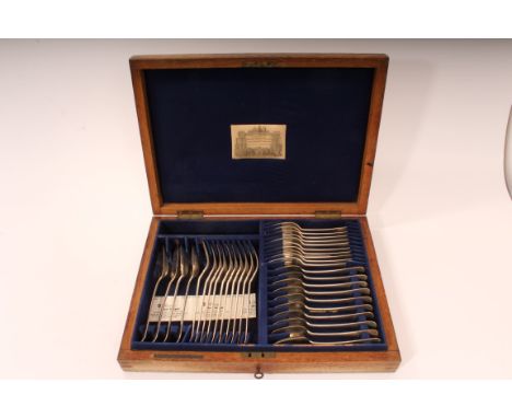 Canteen of Edwardian silver Hanovarian rattail pattern flatware, comprising ten dinner forks, ten dessert forks, ten dessert 
