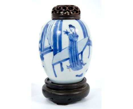 17th century Chinese Kangxi blue and white ovoid vase with painted figure and interior decoration - blue leaf mark to base, 1