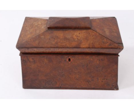 Rare George IV pollard oak tea caddy of sarcophagus form, the hinged cover enclosing twin lidded zinc-lined compartments, 23c
