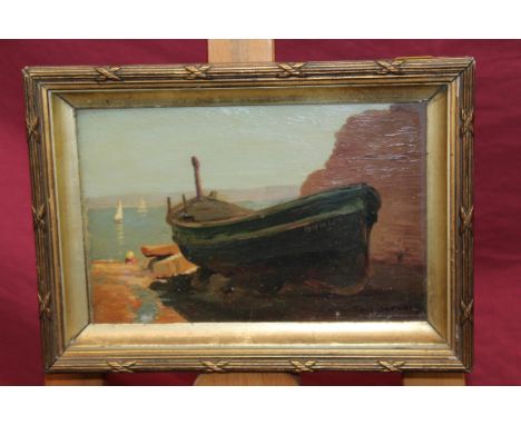 Paul Servais (1867-1931) oil panel - French fishing boat, signed, in glazed gilt frame, 16cm x 24cm 