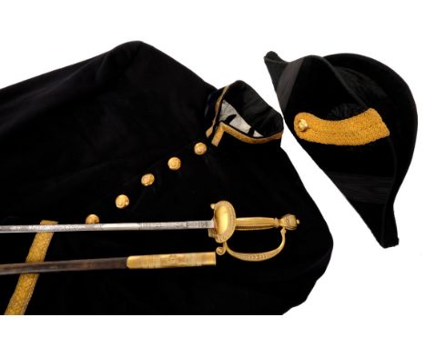 1950s Queen Elizabeth 11 Court uniform comprising bitcorn hat, tailcoat with gilt brass Royal Arms buttons , trousers,patent 