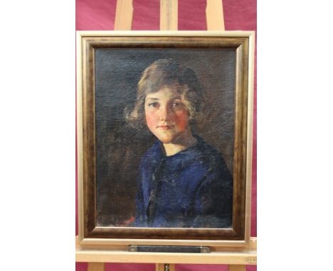 Allan Douglas Davidson (1873-1932) oil on board - portrait of a young girl in blue dress, signed, in gilt frame, 44cm x 34cm 