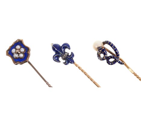 Victorian enamel and pearl stick pin in the form of a snake, Victorian enamel and diamond fleur-de-lys stick pin and one othe