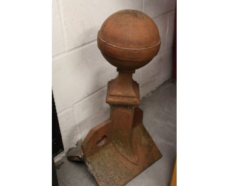 Victorian terracotta ridge tile roof finial with ball terminal, 60cm tall 