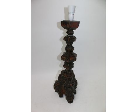 17th century Italian giltwood torchère, typical knopped form, on triangular base, 58cm high, mounted as lamp 