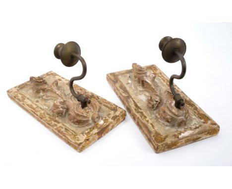 Pair of 18th century carved lime wood wall sconces each rectangular bracket carved in high relief with flowering tulip bulb, 