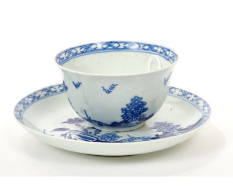 18th century Vauxhall blue and white tea bowl and saucer painted with Chinese bridge in landscape decoration Tea bowl-two hai