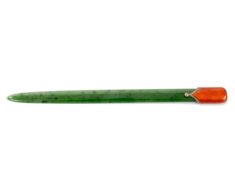 Fine quality nephrite and guilloché enamelled paper knife, in the manner of Fabergé, the narrow tapering blade with red ename