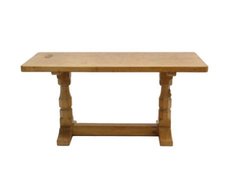 Robert ‘ Mouseman ’ Thompson oak coffee table, the rectangular adzed top relief carved with insignia for the Green Howards Re