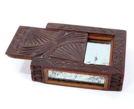 Unusual 18th century Continental treen patch box, rectangular form with sliding cover and base, geometric Friesian style carv