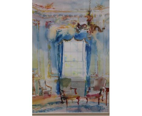 *Paul Riley was (b.1944) watercolour - interior scene, ‘Blue Curtains’, signed, in glazed gilt frame, 56cm x 43cm Provenance: