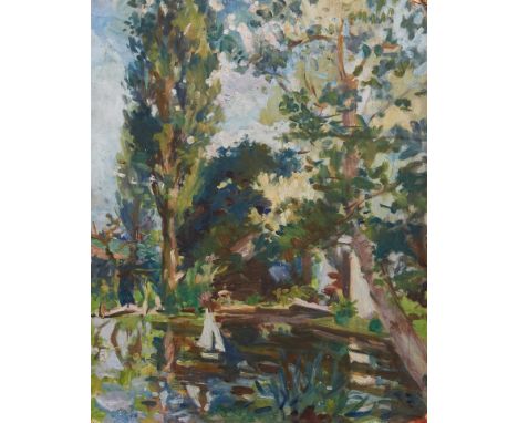 Manner of Wilfred Gabriel De Glehn (1870-1951) oil on board The Boating Pond, unframed, 64cm x 51cm Bearing name verso and re