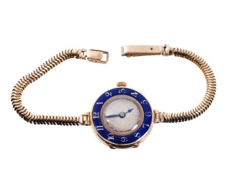 Ladies’ gold and blue guilloché enamel wristwatch with replacement quartz movement in 15ct gold case, London Import hallmarks