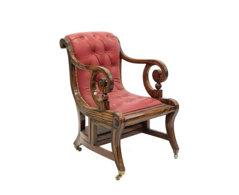 Unusual 20th century Colonial style coromandel grained metamorphic library chair, in the Regency taste, fold over seat with c