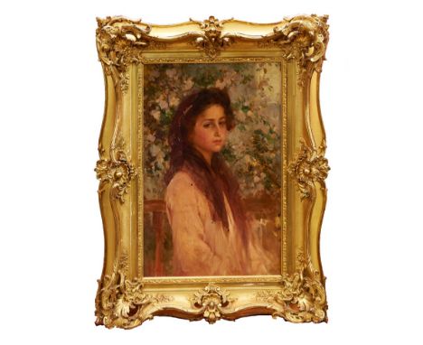 Alois Hans Schram (1864-1919) oil on board - portrait if a young lady in a garden, signed and dated 1900, in gilt frame, 52cm