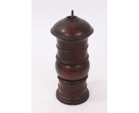 18th century lignum vitae pepper grinder, ring turned cylindrical form, 20cm high 