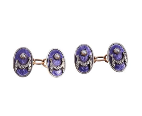 Pair Russian-style gold and enamel cufflinks, each oval panel with applied seed pearl and white metal swags, on a purple guil