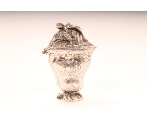 18th century Continental silver snuff box in the form of an urn with embossed floral decoration and hinged domed cover surmou