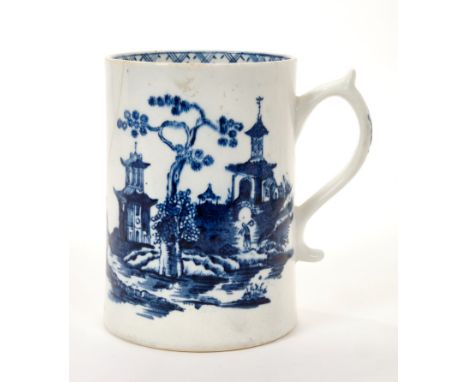 18 th century Lowestoft Good Cross Chapel pattern blue and white tankard with Chinese bridge and pagoda decoration, scroll ha