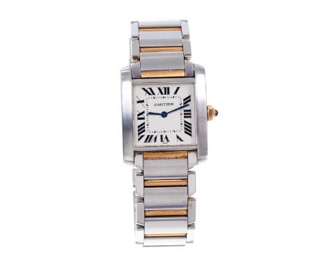 Cartier Tank Francaise bi-metal mid-size wristwatch with quartz movement, the white enamel dial with black enamel Roman numer
