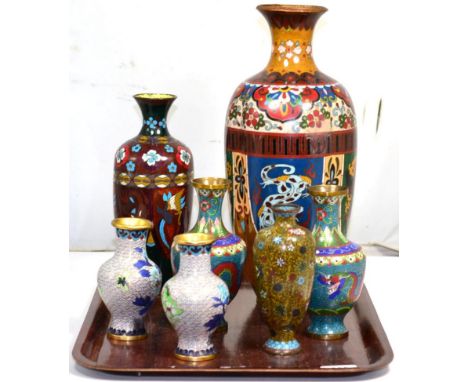 Seven various cloisonne vasesLargest vase with repairs, dents and pitting. Vase two - numerous cracks to the enamel, split ar