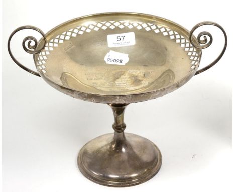 A twin handled silver pedestal dish or comport, Martin Hall & Co, Sheffield 1918, with pierced border and on knopped stem, pr