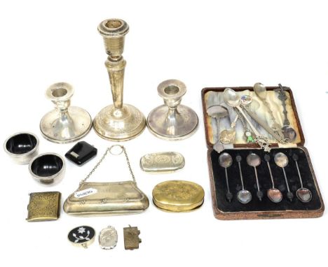 A Georgian style silver candlestick by Mappin & Webb; a pair of squat silver candlesticks; a pair of silver salts; a silver p