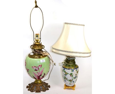 ~ A Chinese cloisonne baluster lamp and another glass example (2)