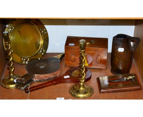 ~ A card passer, bellows, a tea caddy, a leather jack, Art Nouveau brass tray etc (one shelf) 