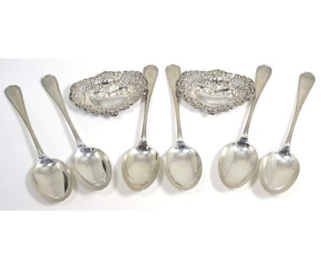 ~ A set of Sheffield silver teaspoons and a pair of silver dishes (8)14.2ozt