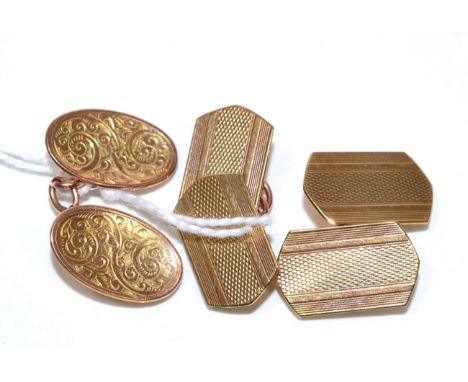 A pair of 9 carat gold foliate engraved double oval cufflinks, and a pair of 9 carat gold engine turned hexagonal cufflinks, 