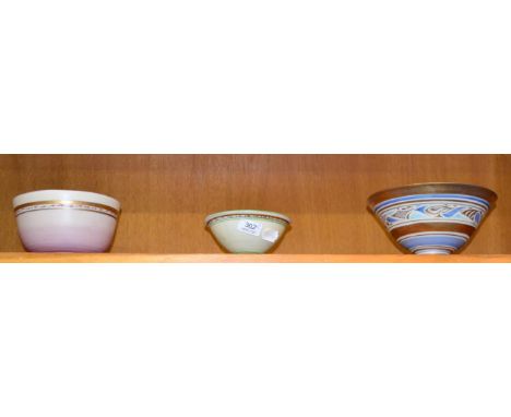 Emmie Philps (b.1918): Three Studio Porcelain Bowls, gilded and enamel stylised decoration, painted marks for post 1973 to ba