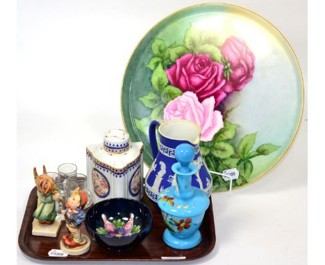 ~ A small Moorcroft Columbine dish; Samson tea caddy, two Goebel figures, a rose painted tray, etc