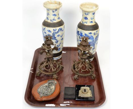 A pair of Chinese blue and white vases (restoration to rim of one), a trophy plaque, Shanghai 1934, a dominoes white metal an