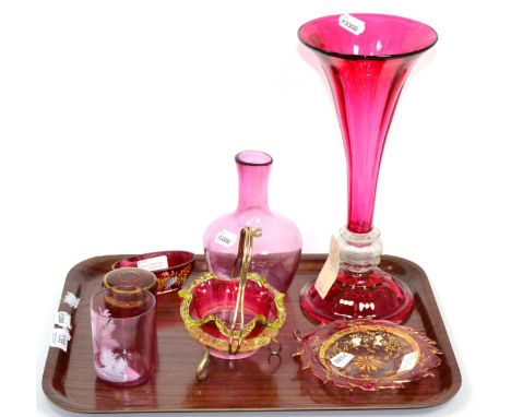 ~ A ruby glass trumpet vase, a Mary Gregory style tumbler, gilt and enamel painted glass, etc