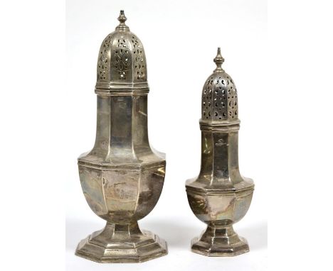 A large octagonal silver pedestal caster, Viners Ltd, Sheffield 1932; and a smaller example Birmingham 1928, 20cm and 17cm, 1