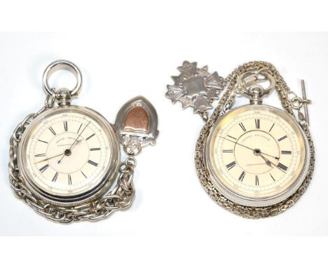 Two silver chronograph pocket watches, signed J.Harris & Sons, London & Manchester and J.J.Clough, Bolton, both cases with Ch