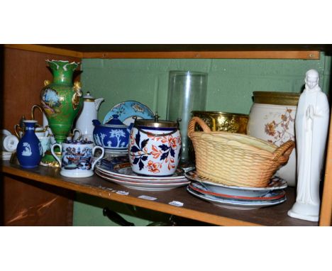 ~ Royal Worcester blush ivory basket; painted porcelain twin-handled vase; various Imari wares; tea wares etc (one shelf) 