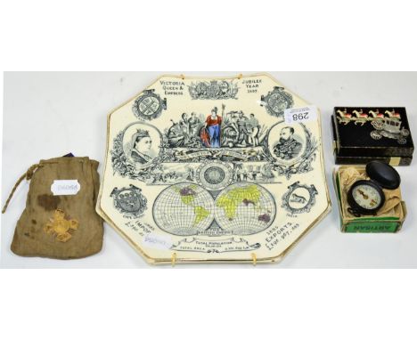 A 9 carat gold Oddfellows medal; a painted metal pocket compass; a miniature coronation horse and cart; and a Queen Victoria 