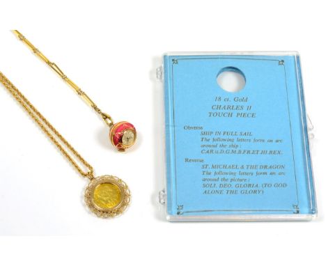 An 18 carat gold 'Charles II Touch Piece' coin, loose mount in a 9 carat gold frame, as a pendant, on a 9 carat gold rope cha