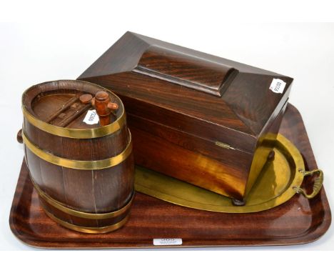 ~ An oak spirit barrel, a brass tray and tea caddy