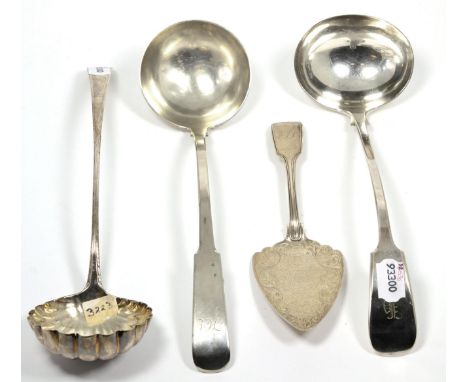 ~ Silver soup ladle, a silver plated soup ladle, George III silver ladle with shell form bowl and a silver cake slice (4) 13.